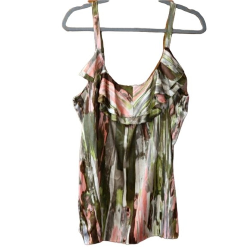 Calvin Klein Pink & Green Abstract Splash Tank Top Ruffle Gold Details NWT LG